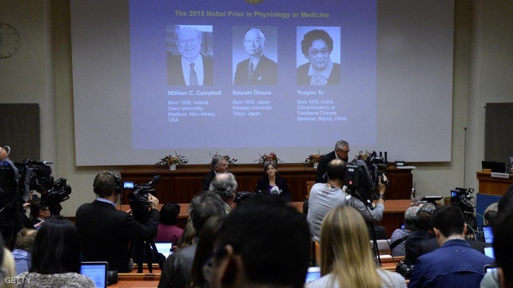 The portraits of the winners of the Nobel Medicine Prize 2015 (L-R) Irish-born William Campbell, Satoshi Omura of Japan and China's Youyou Tu are displayed on a screen during a press conference of the Nobel Committee to announce the winners of the 2015 Nobel Medicine Prize on October 5, 2015 at the Karolinska Institutet in Stockholm, Sweden.    AFP PHOTO / JONATHAN NACKSTRAND        (Photo credit should read JONATHAN NACKSTRAND/AFP/Getty Images)