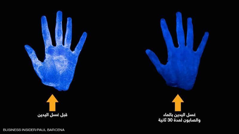 صور بالاشعة فوق البنفسجية تكشف ما يفعله الماء والصابون بجراثيم اليد
