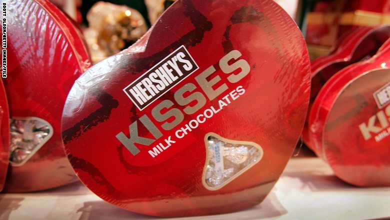 CHICAGO - FEBRUARY 13:  Heart-shaped boxes of Hershey's chocolate are displayed at Hershey's Chicago February 13, 2006 in downtown Chicago, Illinois. The store, the second retail shop for the company outside Hershey, Pennsylvania, opened in Chicago in June 2005. Business at the store has been better than anticipated leading up to Valentine's Day.  (Photo by Scott Olson/Getty Images)